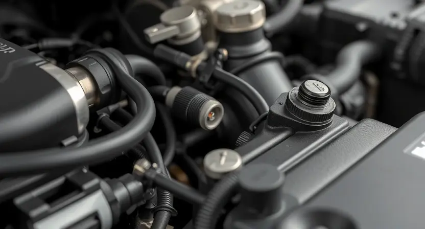 A close-up, detailed image of a car's engine bay. Focus on the engine coolant temperature sensor and surrounding hoses/wiring. The engine should appear clean and well-maintained. Subtle lighting to highlight the sensor's location.