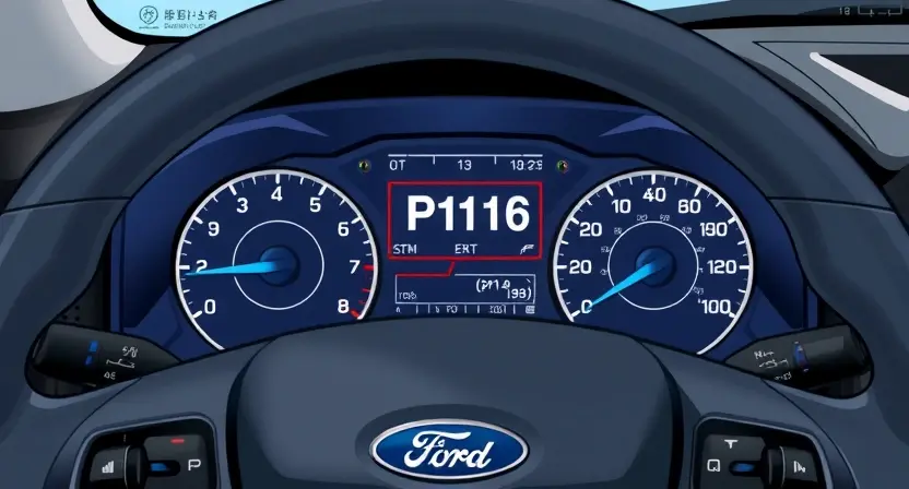 A detailed illustration of a Ford vehicle's dashboard with a prominent P1116 error message displayed on the instrument cluster. The dashboard should be clean and well-lit, focusing on the error message. Include subtle hints of the car's interior, like steering wheel and seats, but keep the focus on the dashboard and the error display.