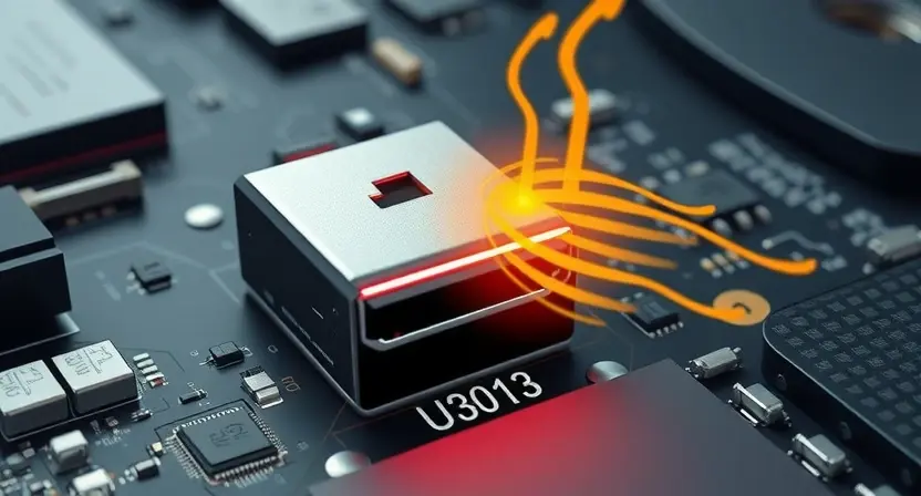 A close-up of a laptop motherboard showing a USB-C port labeled U3013 that is visibly overheating during charging, with subtle heat waves rising from the connector, technical illustration style