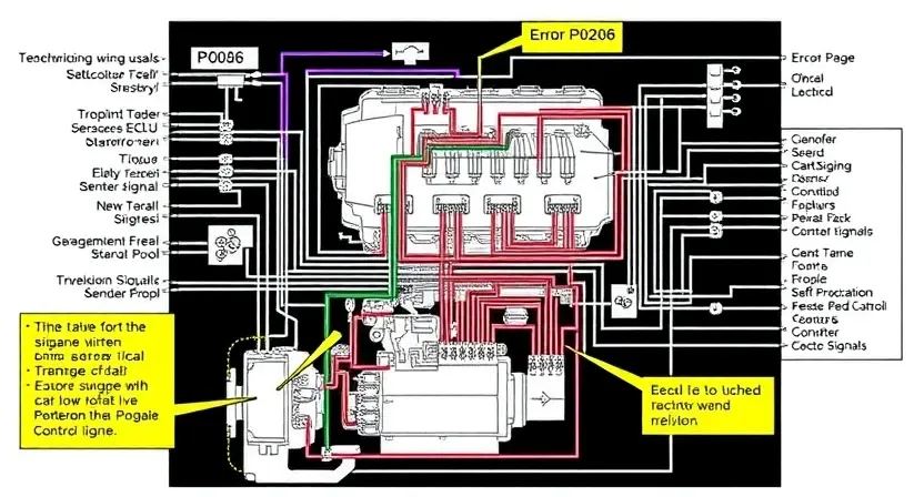 A detailed schematic diagram of an automotive engine control unit (ECU) with highlighted wiring and components related to a P0206 error code. The diagram should clearly show the relevant sensors, actuators, and control signals. Include visual representations of the circuit connections and potential points of failure.