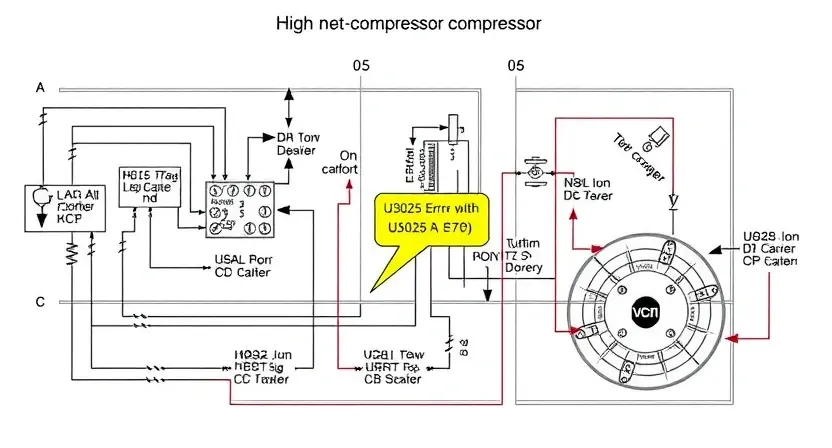 A detailed schematic diagram of a high-voltage air conditioner compressor circuit, highlighting the U3025 error code location. The diagram should clearly show components like capacitors, relays, and the compressor itself, with visual cues indicating the point of failure related to the U3025 error. Focus on technical accuracy and clarity.