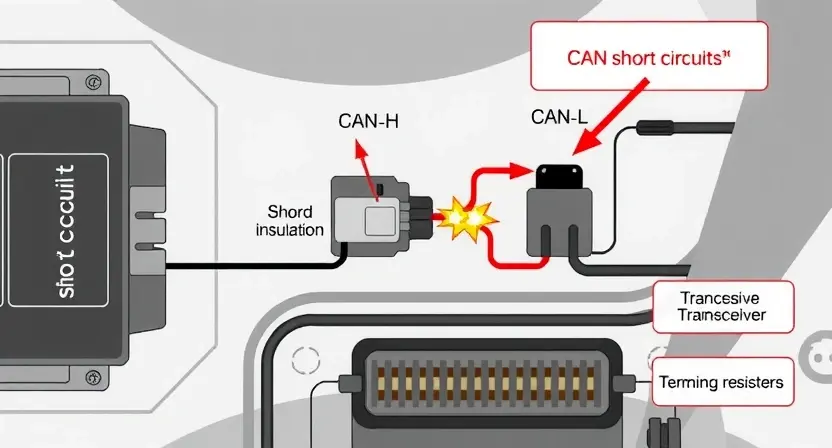 A detailed technical illustration of a CAN bus circuit showing a short circuit between CAN_H and CAN_L wires, with visible damage to insulation, sparks at the fault point, and labeled components including ECU, transceiver, and termination resistors, all in a clean automotive electronics diagram style