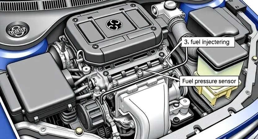 A detailed illustration of a car's engine bay, highlighting the fuel system components, specifically the fuel injector and the fuel pressure sensor. The engine should be partially disassembled to show the relevant parts clearly. Focus on technical accuracy and clarity.