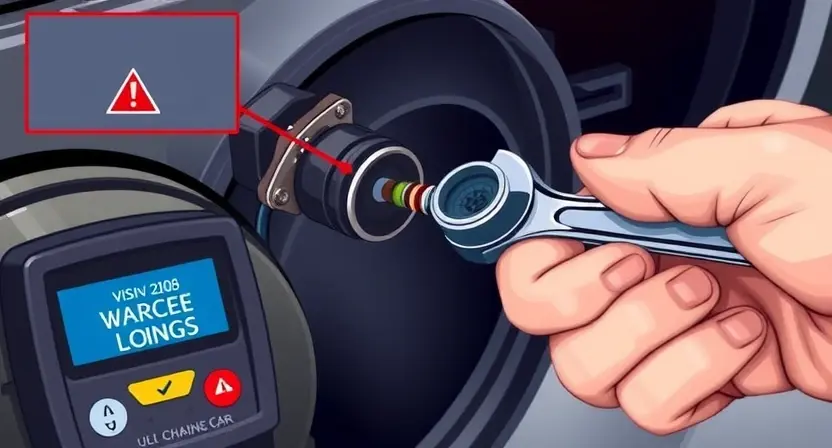 A close-up, realistic illustration of a mechanic inspecting a car brake pressure sensor on a vehicle's brake line. The scene shows the sensor connector, a diagnostic scanner displaying a warning code, and a brake line with fluid. The mechanic’s hands are visible, holding a wrench, and a subtle background of a garage setting. No text, letters, or digits are included in the image.