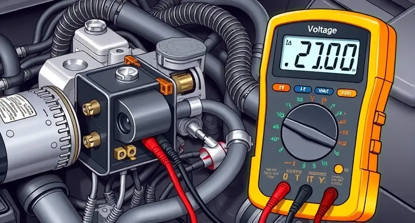 A detailed illustration of a car's main relay with a multimeter connected to it, showing the voltage testing process. The relay should be open to display its internal components, and the multimeter should display a voltage reading. The background should include a car engine compartment with visible wiring and other electrical components.