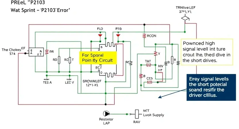 A detailed schematic diagram of an electric drive circuit, specifically highlighting the 'P2103' error related to a high signal level in the choke drive circuit and a short to positive in the drive circuit. The diagram should clearly show the choke, the drive circuit components (transistors, resistors, capacitors), and the power supply connection. Use color-coding to differentiate between power lines, signal lines, and ground. Focus on illustrating the potential point of failure causing the shor