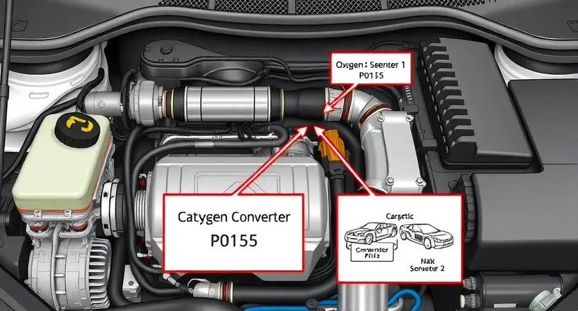 A detailed illustration of an automotive engine bay, focusing on the catalytic converter and oxygen sensor system. The image should depict the oxygen sensor (Bank 2, Sensor 1) with visual indicators of a potential P0155 error. Include wiring diagrams and diagnostic tools subtly integrated into the scene. The overall aesthetic should be technical and informative, suitable for a repair manual or online tutorial.