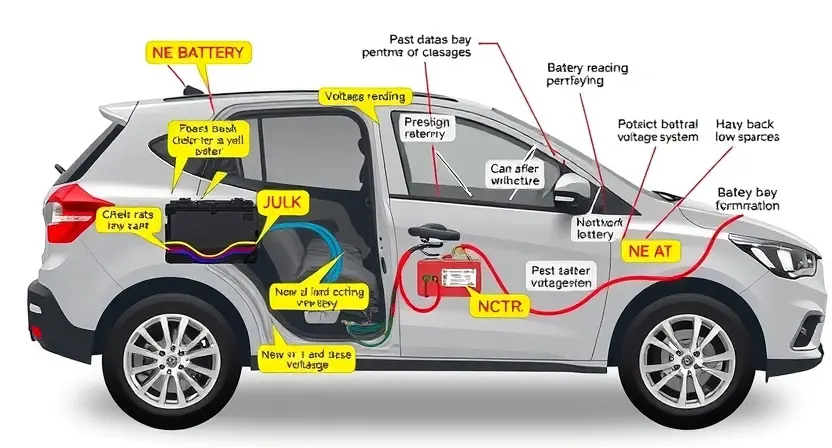 A detailed illustration of a car's electrical system with a focus on the battery and charging system. Include visual representations of voltage readings and potential causes of a low voltage issue. The image should be informative and visually clear, depicting wires, connectors, and components related to the бортовой система.