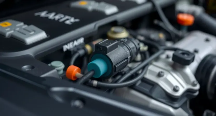 A close-up shot of a car's engine bay, focusing on the Mass Air Flow (MAF) sensor. The sensor should be clearly visible, with surrounding engine components blurred in the background. The overall lighting should be bright and clean, highlighting the sensor's details.