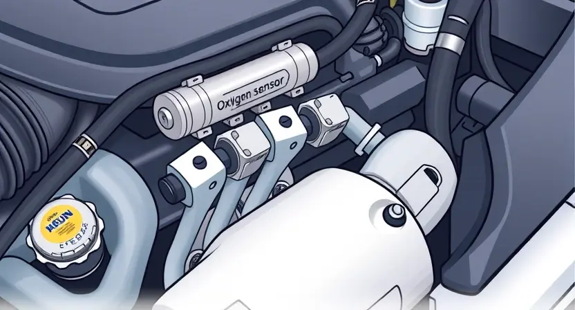 A close-up, detailed illustration of a car engine with a focus on the oxygen sensor and related components. The engine should appear clean and well-maintained. Subtle visual cues indicating exhaust gases or air flow are acceptable.