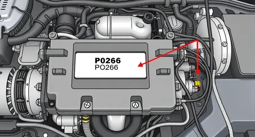 A detailed illustration of an engine control unit (ECU) with various sensors and wiring, highlighting the P0266 error code indicator. The background should be a clean, technical environment.