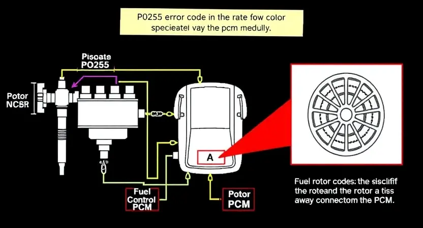 A detailed schematic diagram of a car's fuel injector system, highlighting the P0255 error code and the PCM control module. Include visual representations of the rotor and its connection to the PCM.