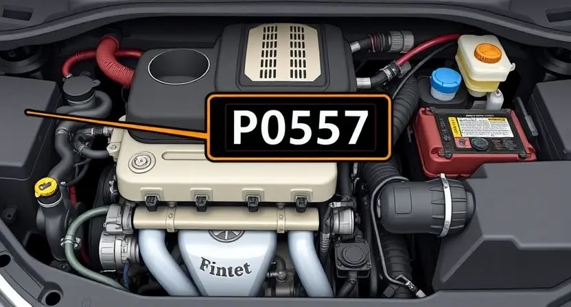 A detailed illustration of a car engine with a highlighted P0557 error code indicator. The engine should be realistically rendered, showing various components like the intake manifold, valve cover, and hoses. The P0557 code should be clearly displayed on a digital dashboard or diagnostic screen within the engine bay.