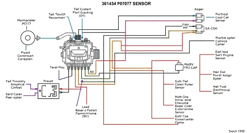 A detailed schematic diagram of an engine's electrical circuit, specifically highlighting the P0707 error code sensor and its connections. Include labels for all components and wires. The diagram should be clean, professional, and easy to understand.
