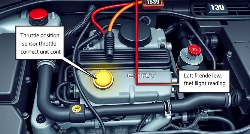 A detailed illustration of an engine bay with a focus on the throttle position sensor and its wiring. Show the sensor connected to the engine control unit (ECU). Include visual cues indicating a low signal, such as a faint, flickering light or a slightly dimmed sensor reading. The background should be a realistic engine bay environment with various engine components visible.