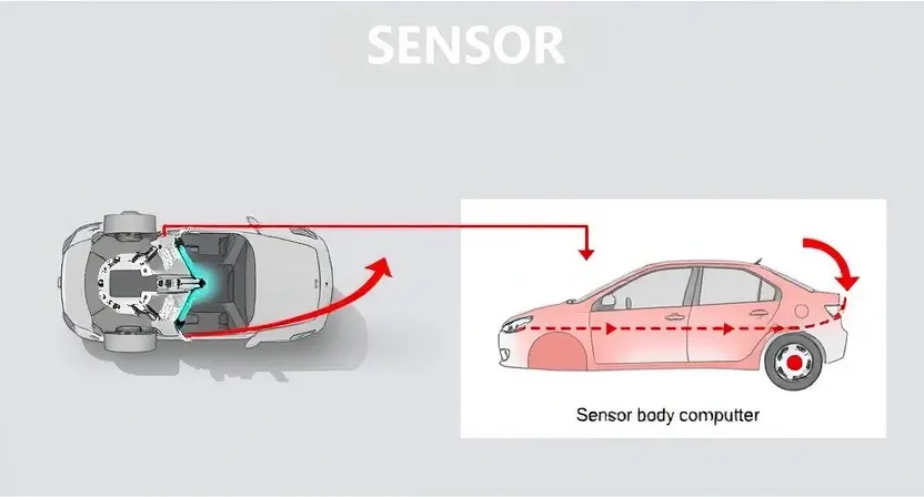 A detailed illustration of a car's body position sensor. The image should show the sensor itself, its mounting location on the vehicle's chassis, and a simplified diagram illustrating how it measures the body's angle. Include arrows indicating the direction of movement and the data flow to the car's computer. Focus on technical accuracy and clarity.