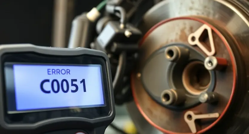 A close-up of a car's wheel speed sensor mounted near the brake rotor, with visible wiring and connector, set against a blurred automotive workshop background. The sensor is slightly dirty with road grime, and a diagnostic tool screen in the foreground displays error code C0051. Soft, natural lighting highlights the sensor details without glare.