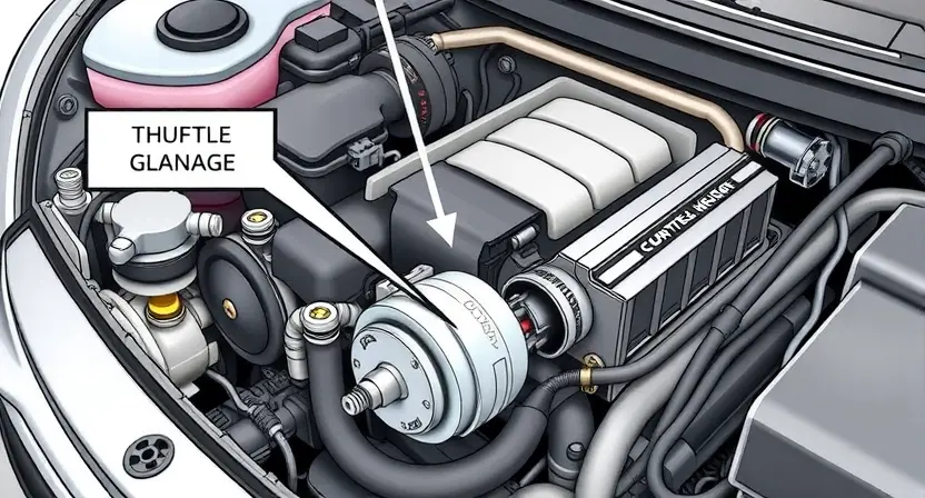 A detailed illustration of a car's engine bay, focusing on the throttle body and associated sensors. Highlight the electronic control unit (ECU) and wiring harness connected to the throttle body. Use visual cues to indicate a malfunction or disruption in the system, such as a slightly disconnected wire or a sensor with a visual anomaly. The overall image should convey a technical and diagnostic context.