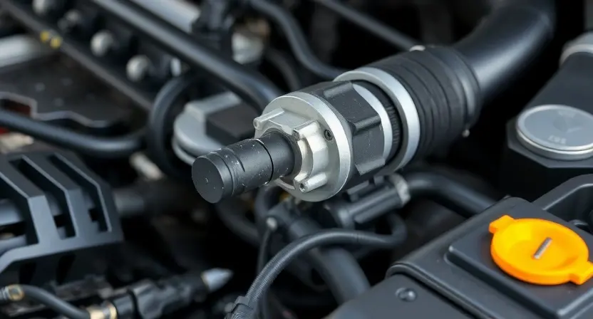 A close-up, detailed image of a car's engine bay, specifically focusing on the Mass Air Flow (MAF) sensor. The sensor should be clearly visible, along with surrounding engine components like air intake hoses and wiring. The overall lighting should be bright and clean, highlighting the sensor's details.