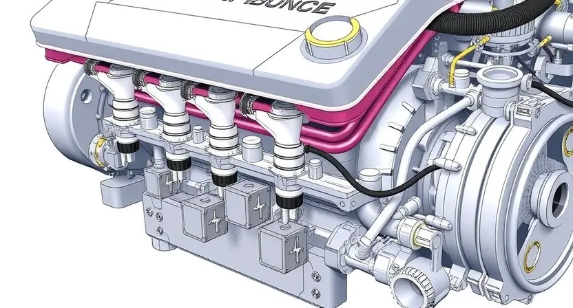 A detailed illustration of an engine's fuel injector circuit, highlighting the fuel rail, injectors, and wiring. Focus on the components and their connections. The image should be scientifically accurate and visually clear.
