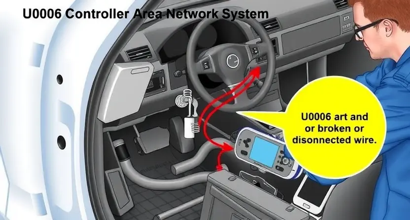 A detailed illustration of a car's CAN (Controller Area Network) system with a highlighted broken or disconnected wire, representing the U0006 error code. The image should show the car's wiring harness, focusing on the CAN bus lines, with a clear visual indication of the break or disconnection. Include a technician or a diagnostic tool to emphasize the process of identifying and fixing the issue.