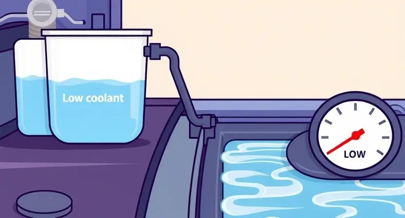 A digital illustration depicting a car's cooling system with a low coolant level. The illustration should show a reservoir with a low fluid level, a radiator with visible coolant flow, and a temperature gauge indicating a low temperature. The background should be a simple, clean automotive workshop setting.