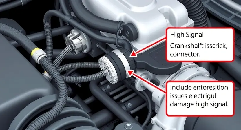 A detailed illustration of an automotive engine bay, focusing on the area around the crankshaft position sensor. The image should depict a close-up view of the sensor, wiring, and potential signs of corrosion or electrical issues. Include visual cues suggesting a high signal, such as a slightly distorted or damaged connector. The background should be slightly blurred to emphasize the engine components.