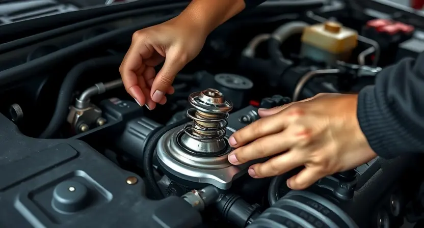 A close-up, detailed image of a car engine bay with a mechanic inspecting the thermostat. The thermostat is clearly visible, and tools are scattered around the engine. Focus on the engine components and the mechanic's hands working on the thermostat. The overall lighting should be bright and professional, highlighting the details of the engine and the thermostat.
