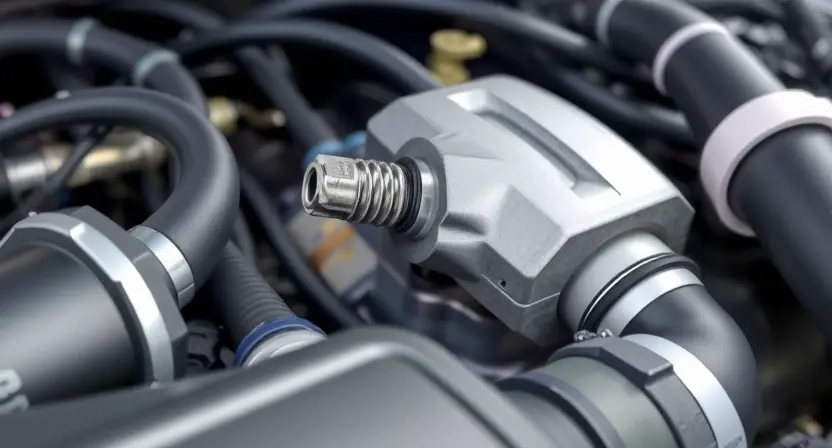 A close-up, detailed illustration of a car's engine bay, focusing on the coolant temperature sensor and surrounding components. The sensor should be clearly visible, with hoses and wiring connected. The overall lighting should be bright and clean, highlighting the mechanical details. The background should be slightly blurred to emphasize the sensor.