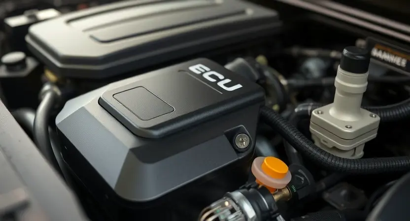 A close-up, detailed image of a car's engine bay. Focus on the engine control unit (ECU) and related sensors. The engine should appear clean and well-maintained. Subtle visual cues indicating a potential sensor malfunction (e.g., a slightly disconnected wire, a minor discoloration) could be included, but not overtly. The overall lighting should be professional and informative, highlighting the components without being overly dramatic. The background should be blurred, focusing attention on the e