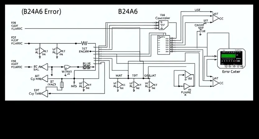 A detailed schematic diagram illustrating a B24A6 error code. The diagram should show various components and potential causes of the error, with arrows indicating the flow of data and potential points of failure. Include visual representations of electronic circuits and diagnostic tools.