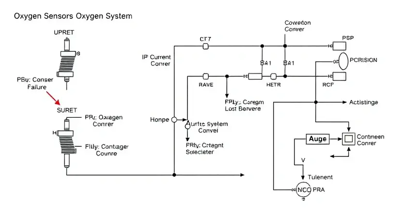 A detailed schematic diagram of an oxygen sensor circuit, highlighting the current loop and potential points of failure. Focus on the sensor itself, the wiring, and the control system connection. Use clear, technical illustrations and labels.
