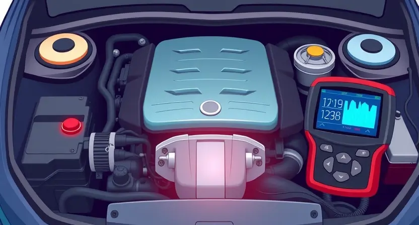 A high-quality technical illustration showing a car engine with a warning light and diagnostic tools, clean and professional visual style