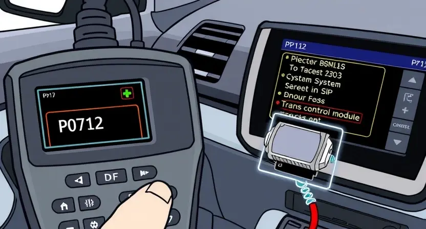 A detailed illustration of a car's diagnostic scanner connected to a car's onboard computer. The scanner's screen displays a P0712 code, with accompanying visual representations of the affected system (e.g., transmission control module). The background should be a clean, technical environment.