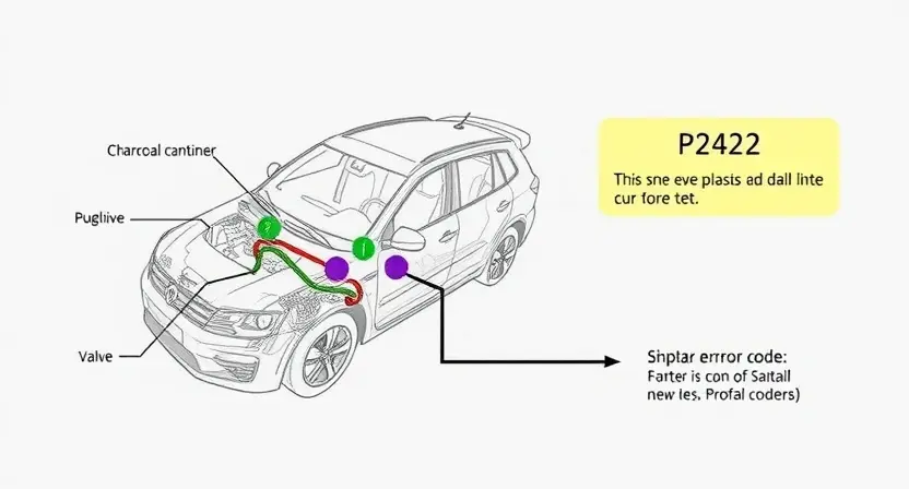 A high-quality technical illustration showing a modern car's EVAP system with highlighted components like the charcoal canister, purge valve, and vacuum lines, accompanied by a clear diagram of the P2422 error code and its meaning, clean background, technical accuracy, no text or numbers on the image