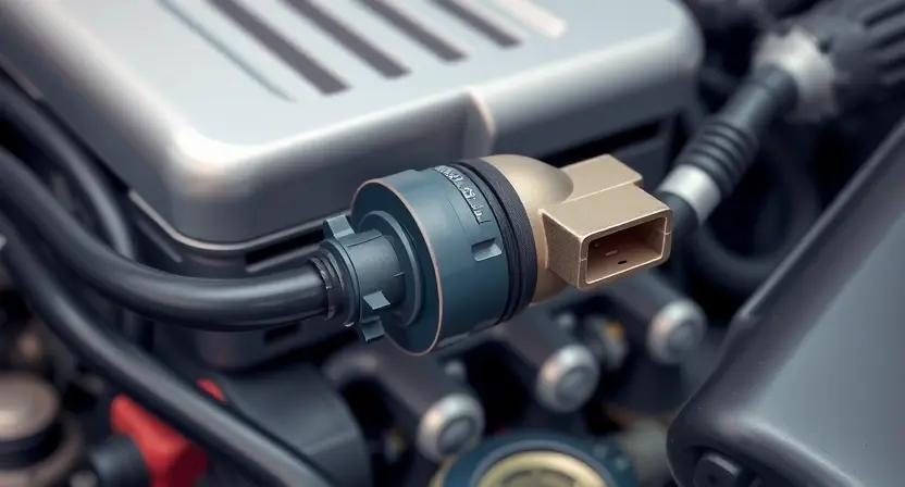 A close-up, detailed illustration of a Mass Air Flow (MAF) sensor inside a car engine bay. The sensor should be clearly visible, with its electrical connectors and internal components highlighted. Focus on the sensor's physical structure and its position relative to the airflow path. Include subtle hints of engine components in the background, but keep the MAF sensor as the central focus.