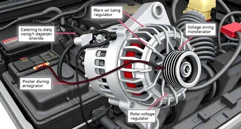 A detailed illustration of a car's charging system, focusing on the alternator and its connections. Show the alternator with visible wires and components, highlighting potential points of failure such as worn-out belts, corroded terminals, or damaged wiring. Include a close-up of the alternator with labels indicating key parts like the rotor, stator, and voltage regulator. The background should feature a car engine bay with other relevant components like the battery and fuse box.