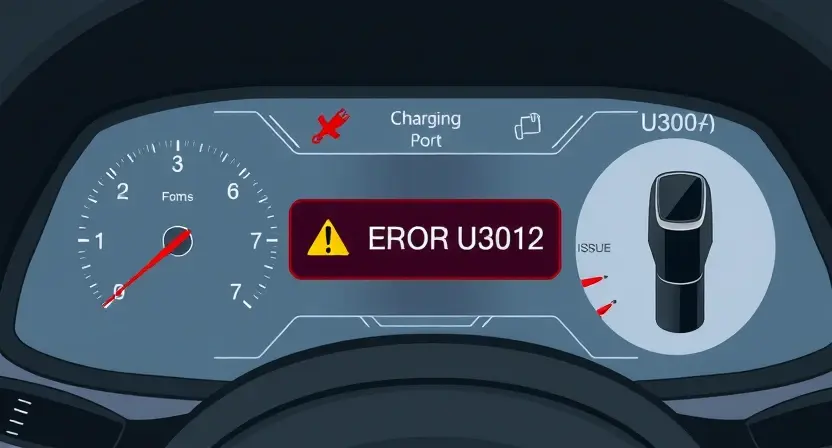 A high-quality technical illustration showing a charging port connection issue on an electric vehicle dashboard, with warning symbols and error code U3012 displayed clearly, clean technical diagram style, no text or letters on image