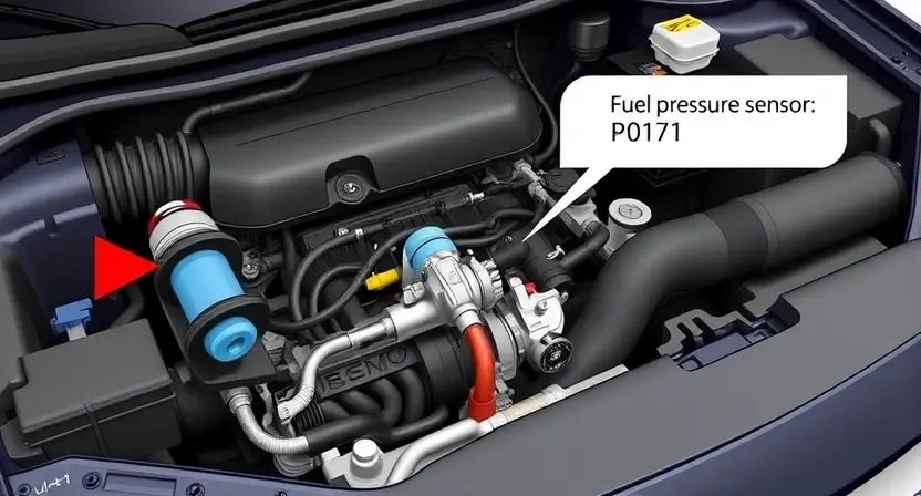 A detailed illustration of a car's engine bay with a focus on the fuel system. Highlight the fuel pressure sensor and the fuel injector. Show a visual representation of the P0171 error code displayed on a dashboard. The engine should be partially disassembled to reveal the components.