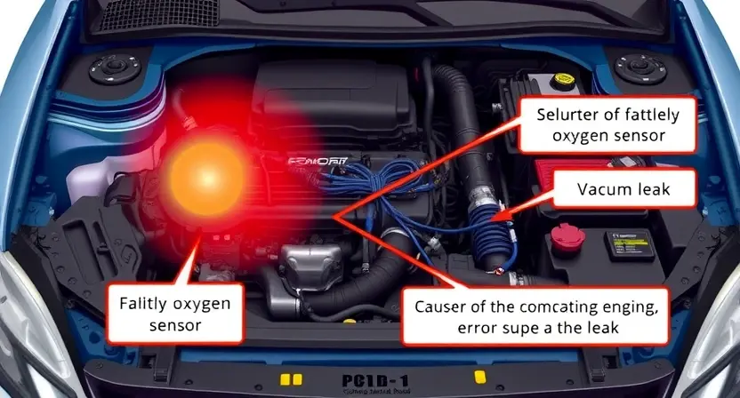 A detailed illustration of a car's engine bay with a check engine light illuminated. Focus on the diagnostic tools and wiring related to the P0130 error code. Include visual cues representing the potential causes of the error, such as a faulty oxygen sensor or a vacuum leak.