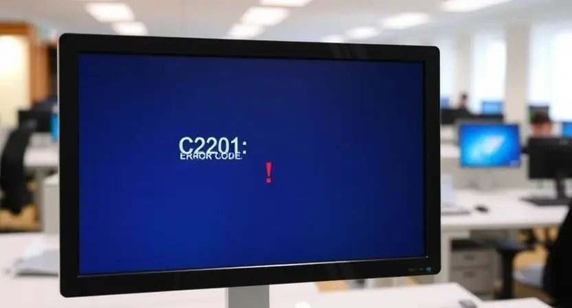 A computer screen displaying an error message "C2201: Error Code" with a red exclamation mark. The background is a blurred office environment with desks and computers.
