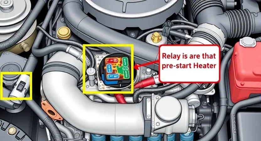 A detailed illustration of a car engine with a highlighted and labeled relay for the pre-start heater. The relay should be shown in a malfunctioning state, with visual indicators such as a broken connection or a burnt-out component. The surrounding engine components should be depicted in a realistic and detailed manner, emphasizing the complexity and precision of automotive engineering.