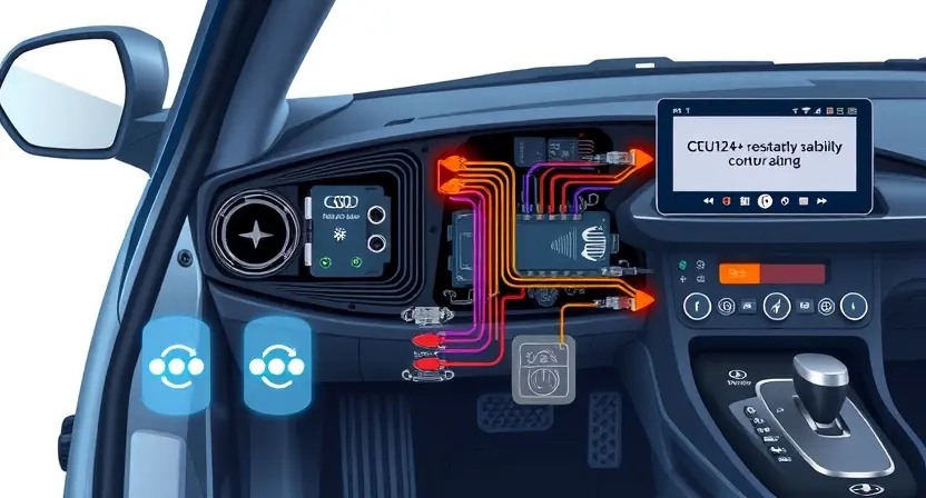 A detailed illustration of a car's electronic control unit (ECU) with highlighted circuit pathways and a visual representation of the vehicle's stability control system. Focus on the internal components and connections related to the C1214 error code. Include subtle glowing indicators to suggest system activity. The background should be a clean, technical environment.