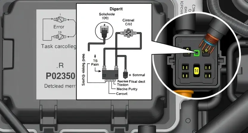 A detailed illustration of an automotive engine control unit (ECU) with a highlighted solenoid B circuit. The image should show wiring diagrams, a close-up of the solenoid, and a visual representation of the P0250 error code. Focus on technical accuracy and clarity.