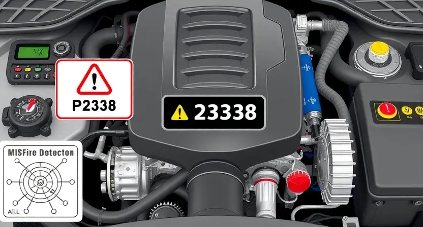 A high-quality technical illustration showing a modern car engine with the third cylinder highlighted, displaying a warning sign or error code P2338 related to misfire detection, surrounded by diagnostic tools and engine schematics, clean lines, detailed components, no text or numbers on the image, professional automotive repair context