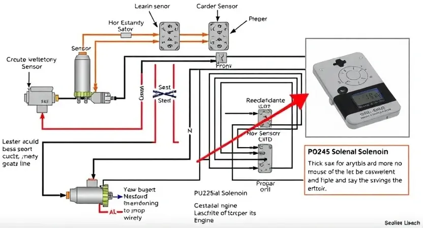 A detailed schematic diagram of an automotive engine's solenoid and its electrical circuit, highlighting the P0245 error code and its potential causes. Include visual representations of sensors, wiring, and the solenoid itself.