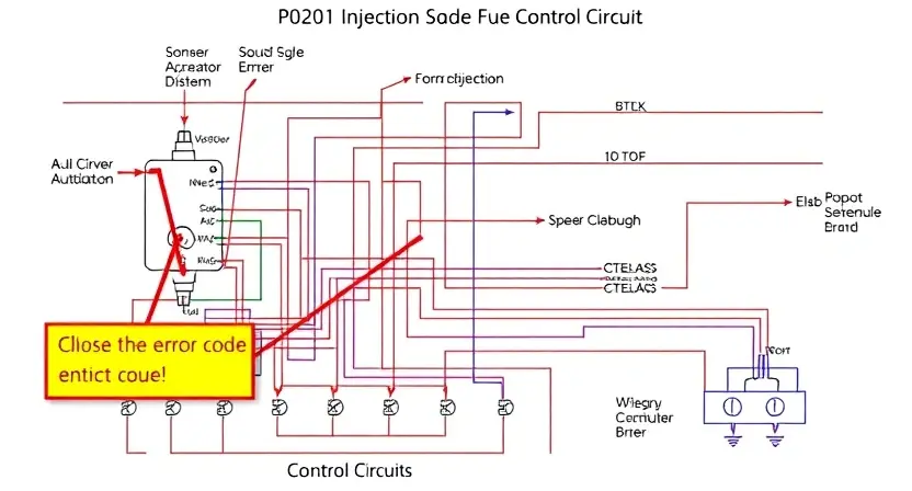 A detailed schematic diagram of an engine's fuel injection system, highlighting the P0201 error code and the control circuit. Include visual representations of sensors, actuators, and wiring. Focus on clarity and technical accuracy.