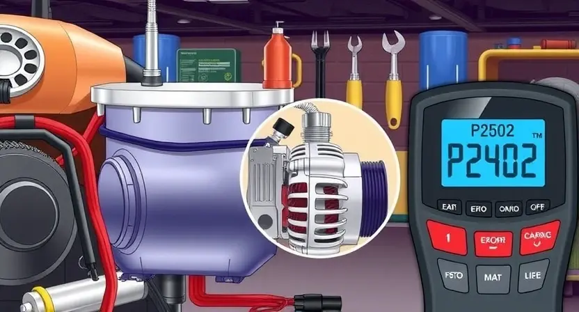 A detailed illustration of a car's charging system, highlighting the battery, alternator, and voltage regulator. Show the connections between these components with clear, labeled wires. Include a close-up of a diagnostic tool displaying the error code P2502 on its screen. The background should depict a well-lit garage or workshop setting with various automotive tools and equipment.