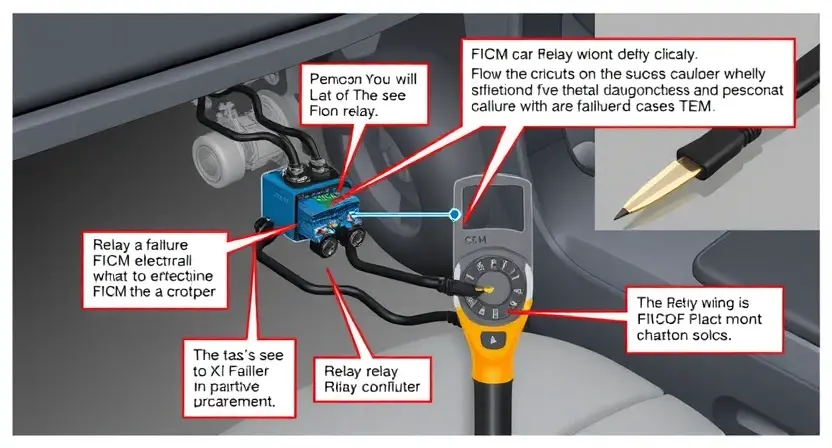 A detailed illustration of a car's electrical system, specifically highlighting the FICM relay circuit. Include visual representations of the relay, wiring, and diagnostic tools. The image should clearly show the potential points of failure in the circuit.