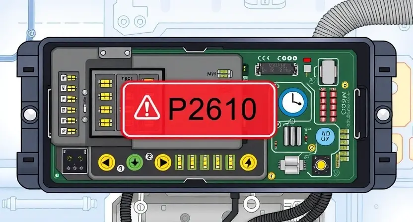 A detailed illustration of an engine control unit (ECU) with a visual representation of an internal timer malfunction. The ECU should be depicted with visible internal components and circuitry. A red error indicator should be highlighted, symbolizing the P2610 error code. The background should be a clean, technical environment.